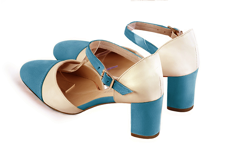 Peacock blue and champagne white women's open side shoes, with an instep strap. Round toe. Medium block heels. Rear view - Florence KOOIJMAN